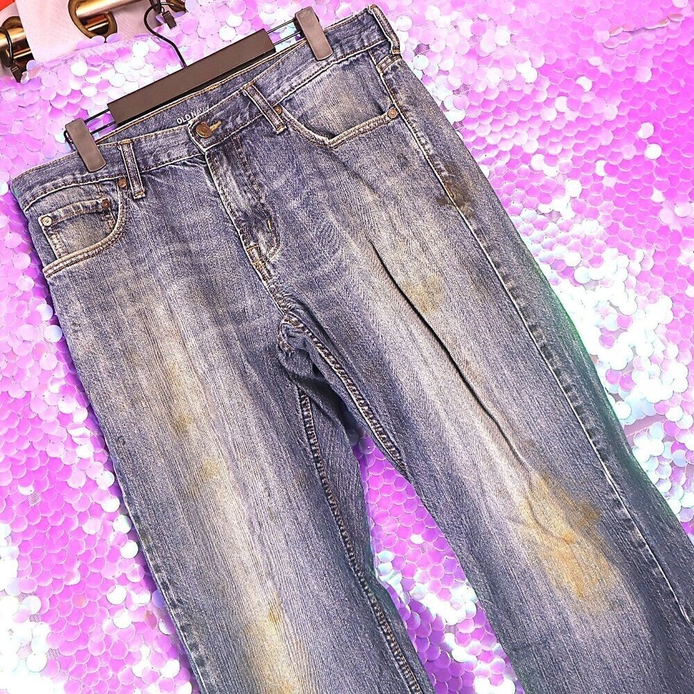WHISKERED JEANS 34x32 Old Navy *FLAWED* Med Wash Classic Straight Leg Casual Y2K